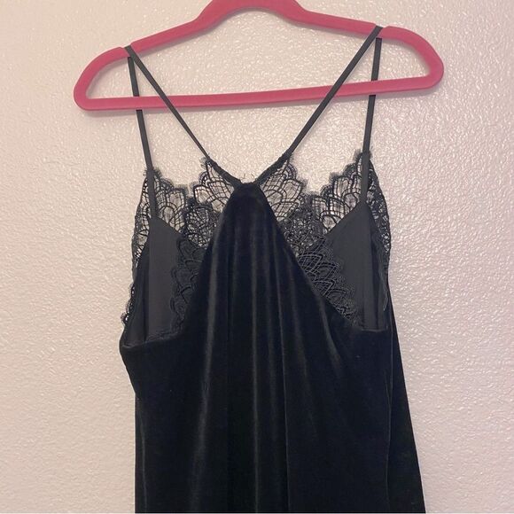 Express stretch Velour velvet black Lace Trim Slip Dress midi maxi side slit XS - Picture 5 of 10